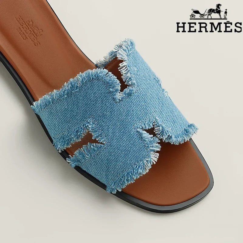 Hermès Oran Blue Denim Fringe Slide Sandals