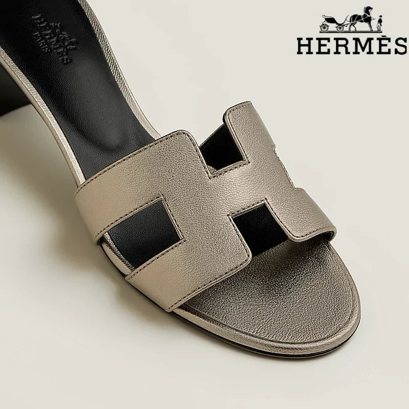 Hermès Metallic Bronze Leather Heeled Slide Sandals