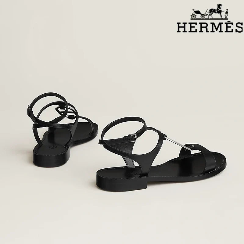 Hermès Black Calfskin Ankle Strap Flat Sandals