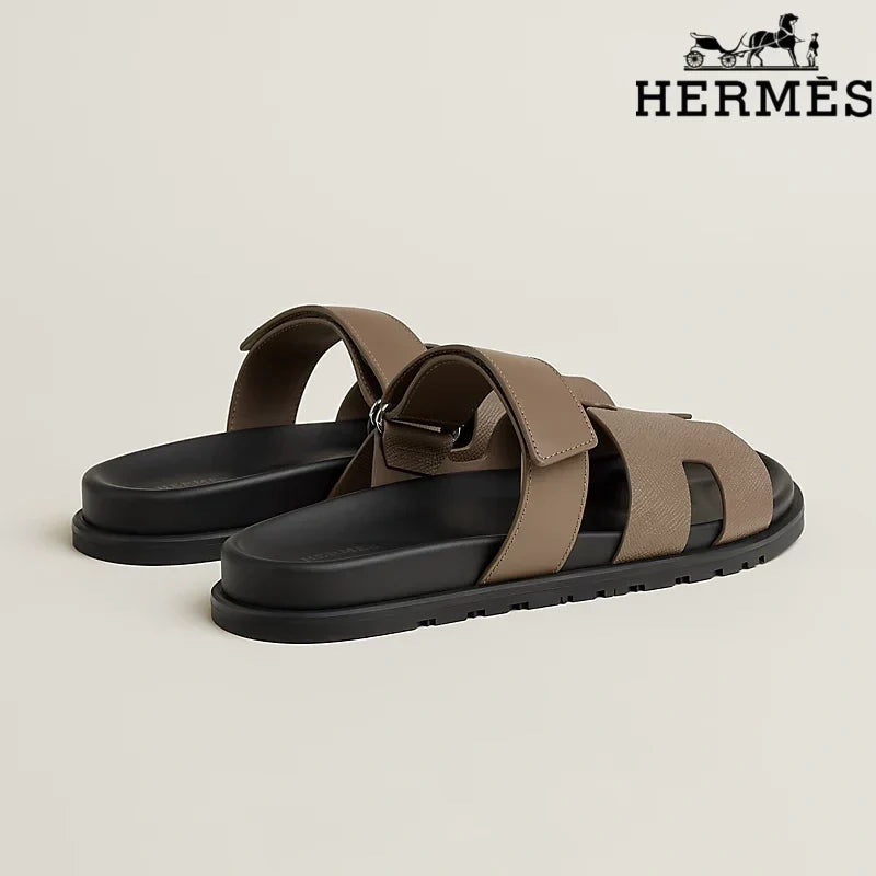 Hermès womens shoes men sneaker Taupe Leather H Cutout Double-Strap Slide Sandals