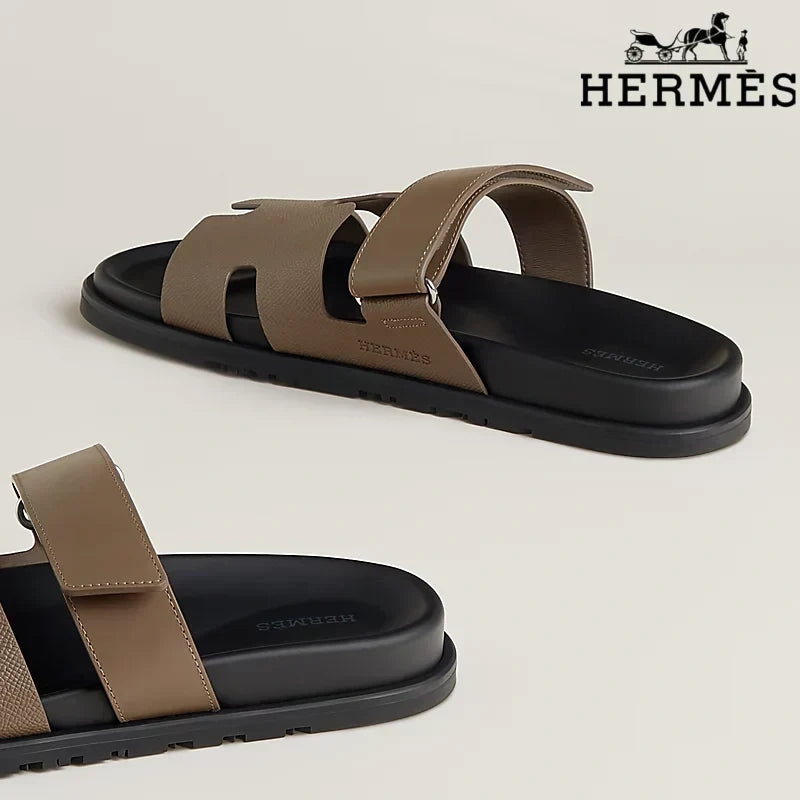 Hermès womens shoes men sneaker Taupe Leather H Cutout Double-Strap Slide Sandals