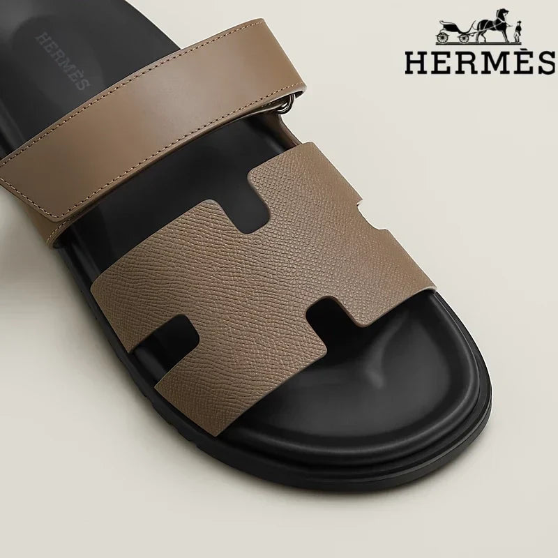 Hermès womens shoes men sneaker Taupe Leather H Cutout Double-Strap Slide Sandals
