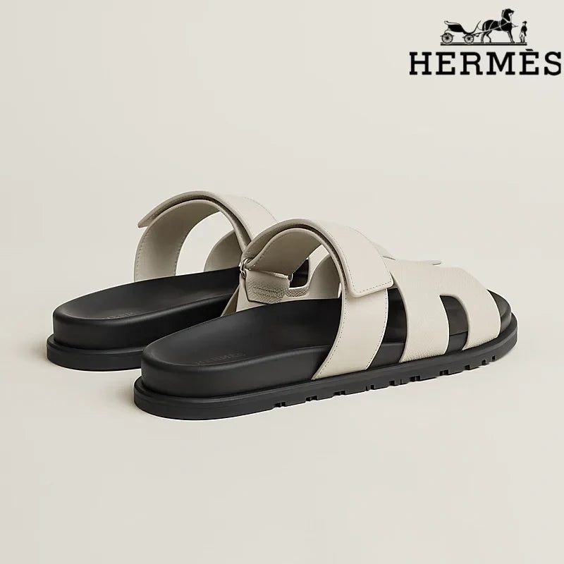 Hermès Cream Leather H Cutout Double-Strap Slide Sandals