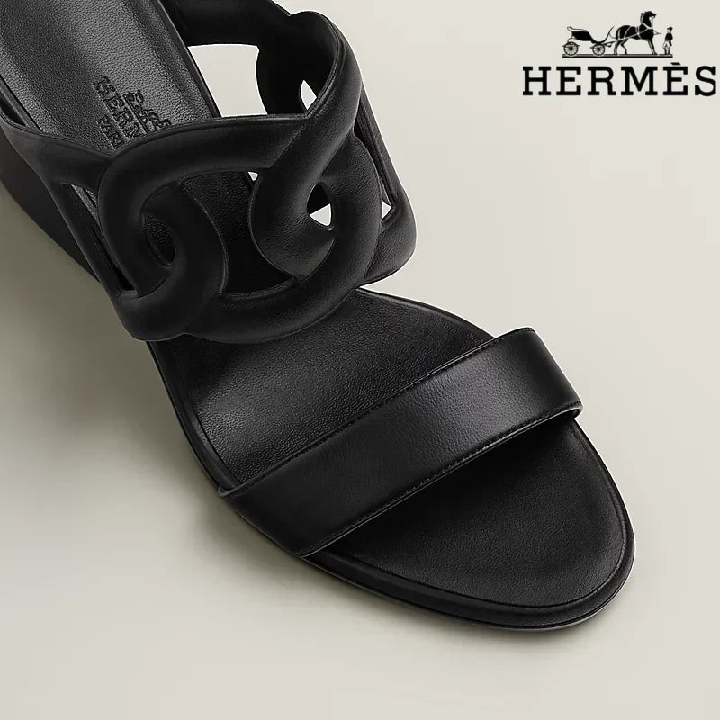 Hermès Black Calfskin Cutout Block Heel Slide Sandals