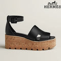 Hermès Black Calfskin H Cutout Platform Wedge Sandals
