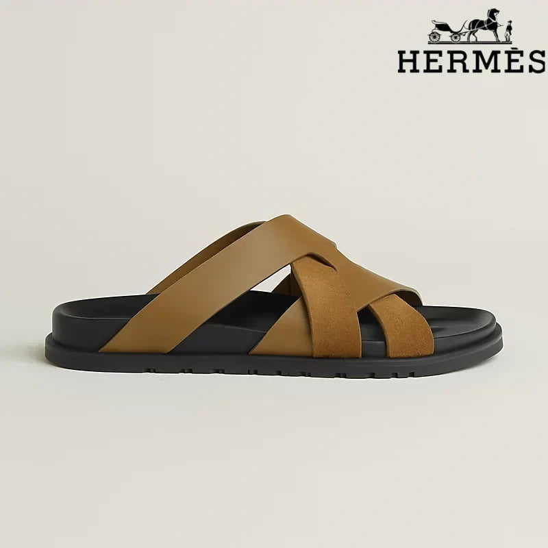 Hermès Brown Leather and Suede Cross-Strap Slide Sandals