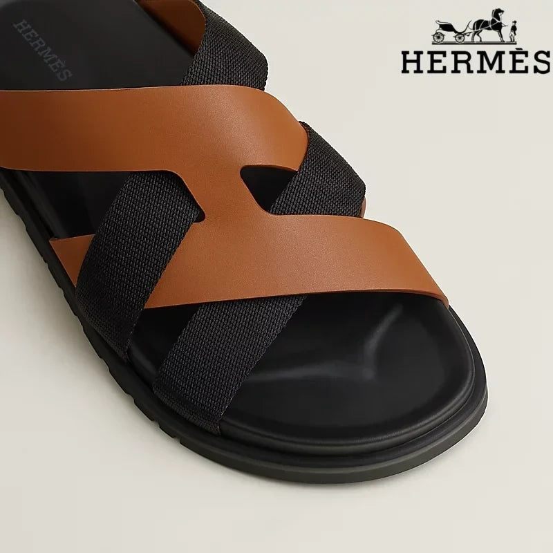 Hermès   slides Tan Leather and Black Webbing Cross-Strap Slide Sandals