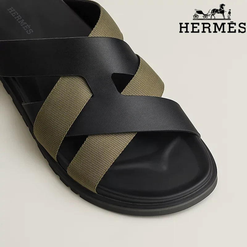 Hermès Black Leather and Olive Webbing Cross-Strap Slide Sandals