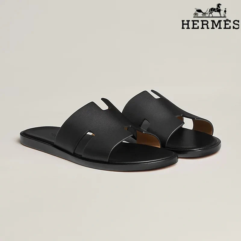 Hermès Black Leather Oran Slide Sandals