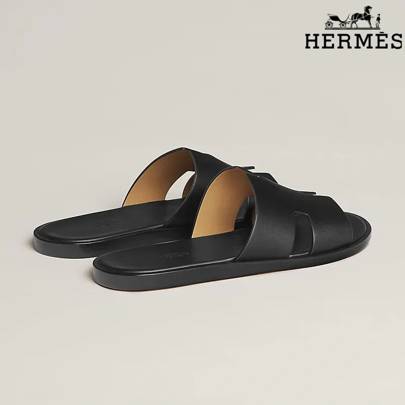 Hermès Black Leather Oran Slide Sandals