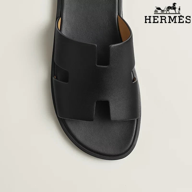 Hermès Black Leather Oran Slide Sandals