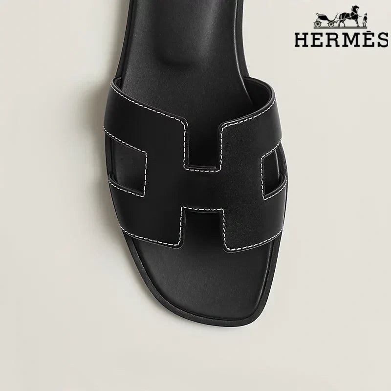 Hermès Black Leather Oran Slide Sandals
