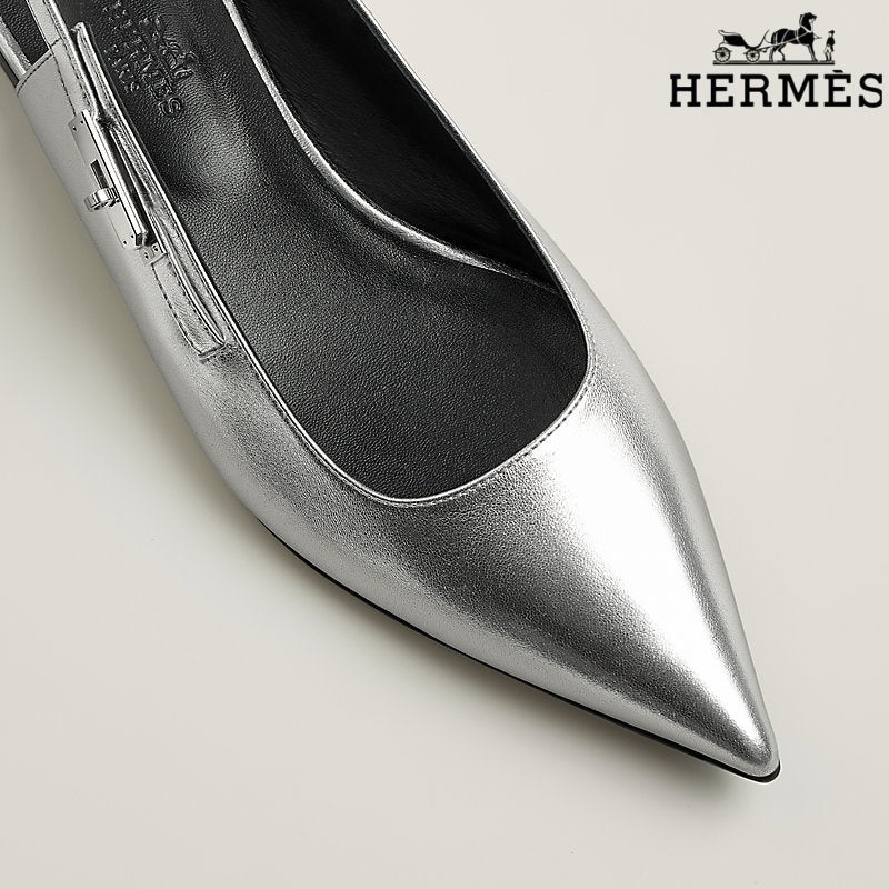 Hermès Silver Metallic Leather Slingback Flats