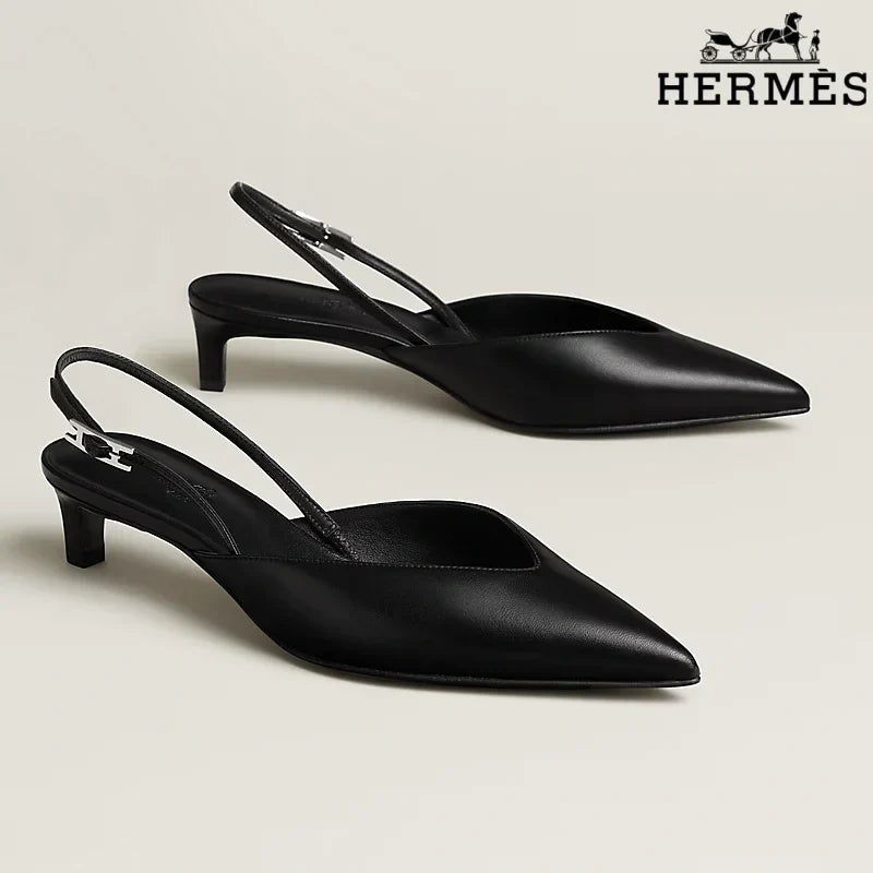Hermès Black Leather Slingback Kitten Heels