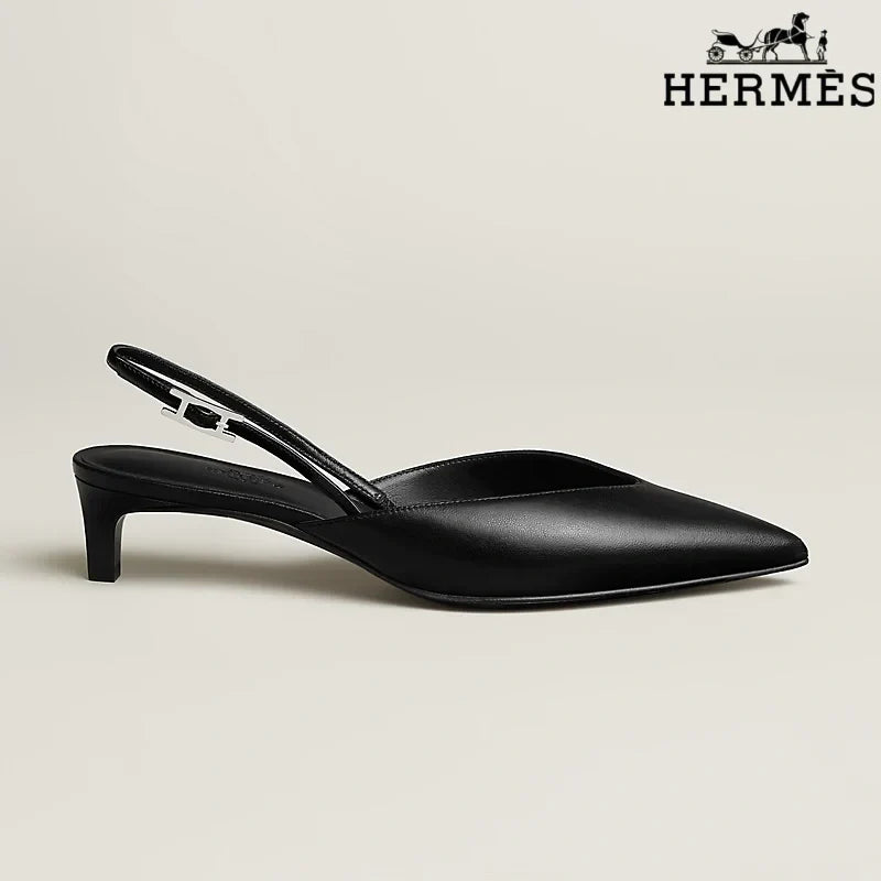Hermès Black Leather Slingback Kitten Heels
