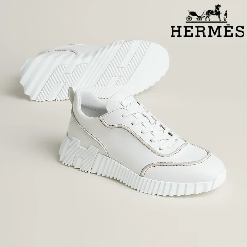 Hermès womens shoes men sneaker  White Leather Ridged Sole Sneakers