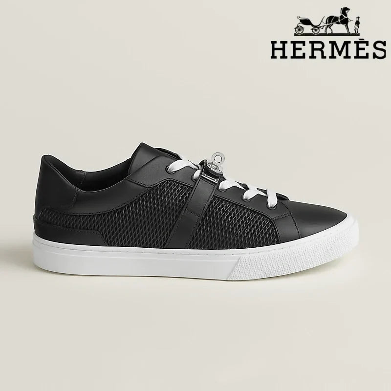 Hermès Black Leather Mesh Low Top Sneakers