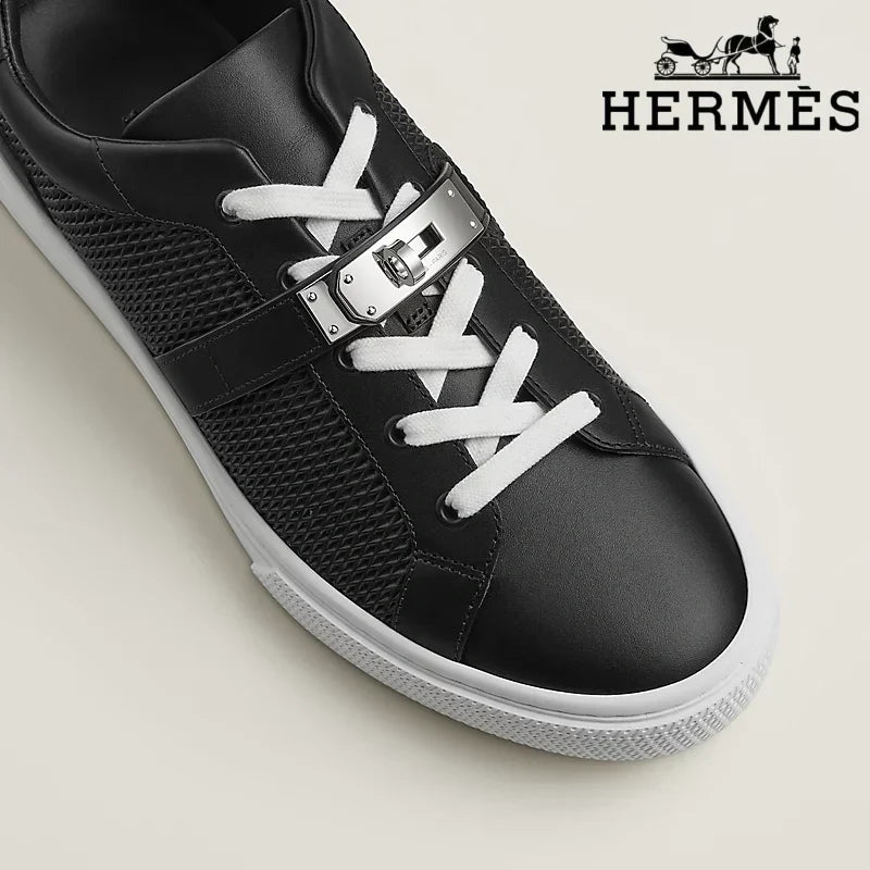 Hermès Black Leather Mesh Low Top Sneakers