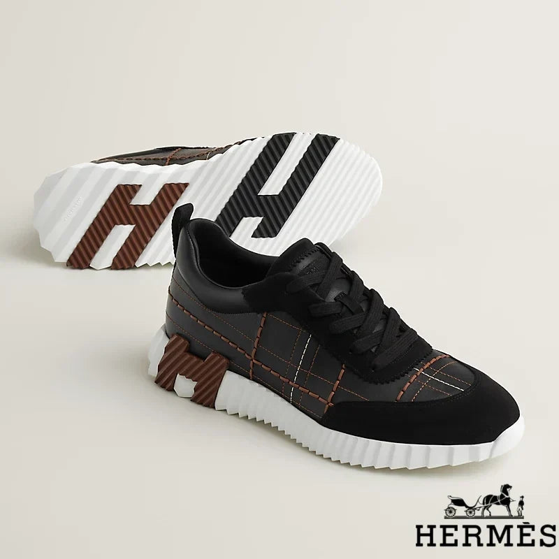 Hermès Black Grid Stitching Platform Sneakers