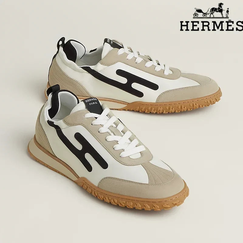 hermes womens shoes men sneaker  White, Beige and Black H-Logo Sneakers