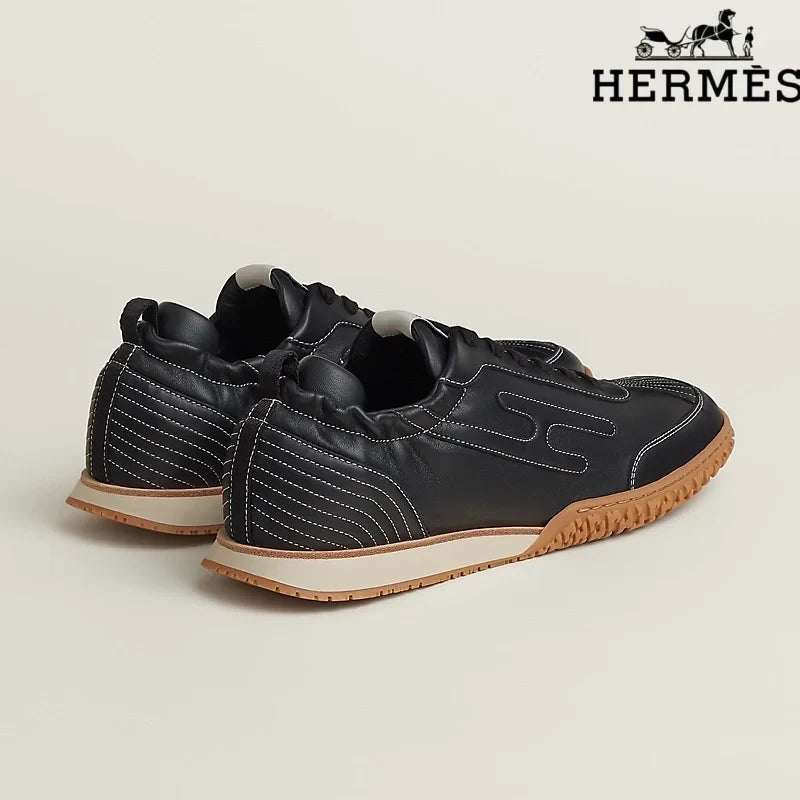 Hermès Black Leather Contrast Stitch H-Logo Sneakers
