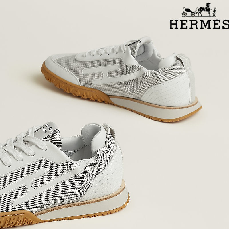 Hermès womens shoes men sneaker White Mesh and Leather Sneakers with H-Logo