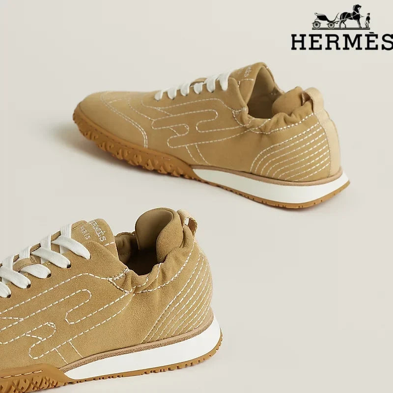 Hermès Camel Suede Contrast Stitch H-Logo Sneakers