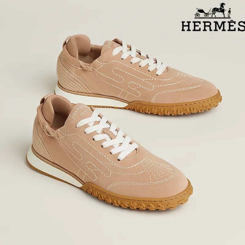Hermès Nude Suede Contrast Stitch H-Logo Sneakers