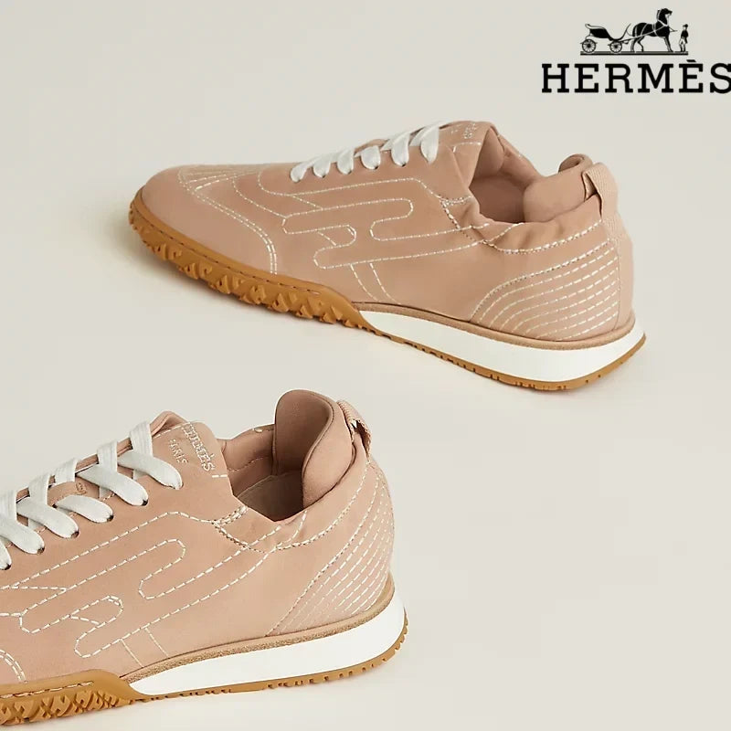 Hermès Nude Suede Contrast Stitch H-Logo Sneakers