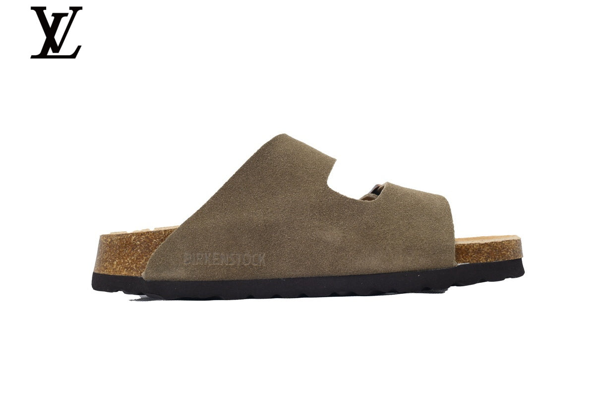 louis vuitton shoes for man  women Birkenstock Slide Sandal in Olive Green Suede with Double Buckle and Cork Footbed