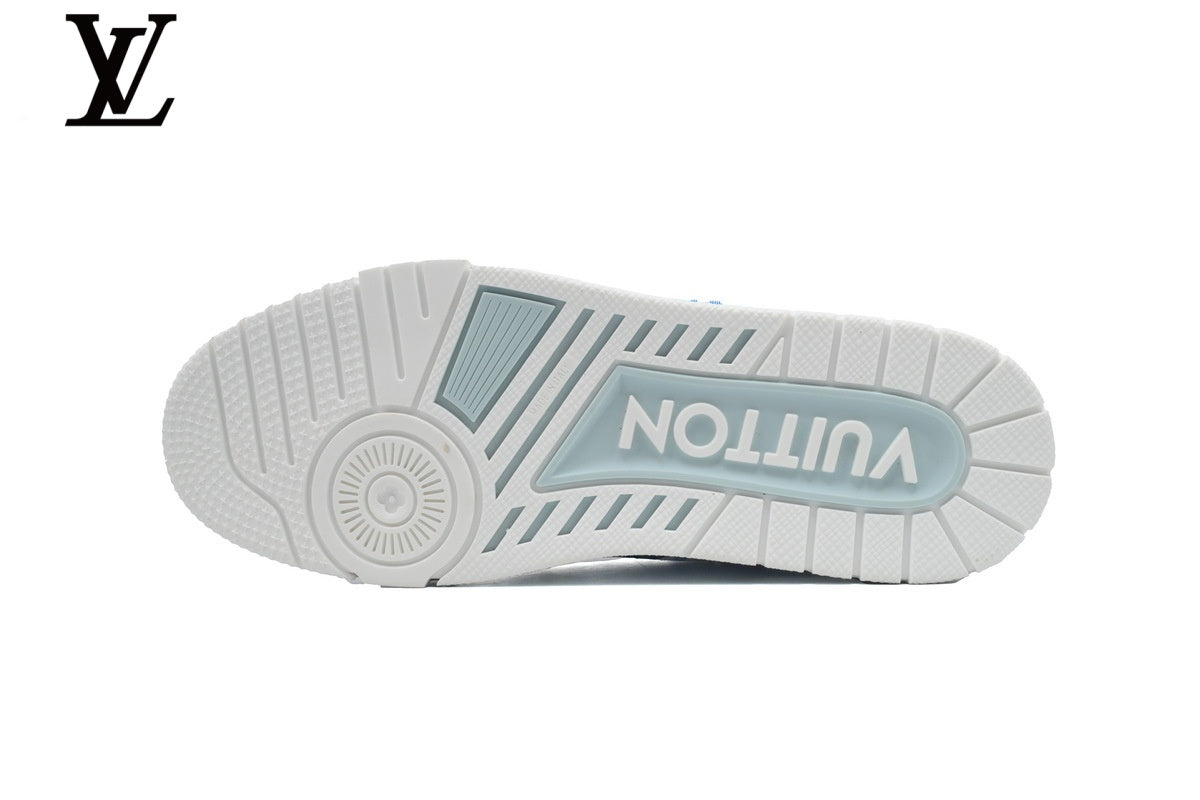 Louis Vuitton Trainer  shoes for man  women Sneaker – Striped Monogram Denim in Light Blue