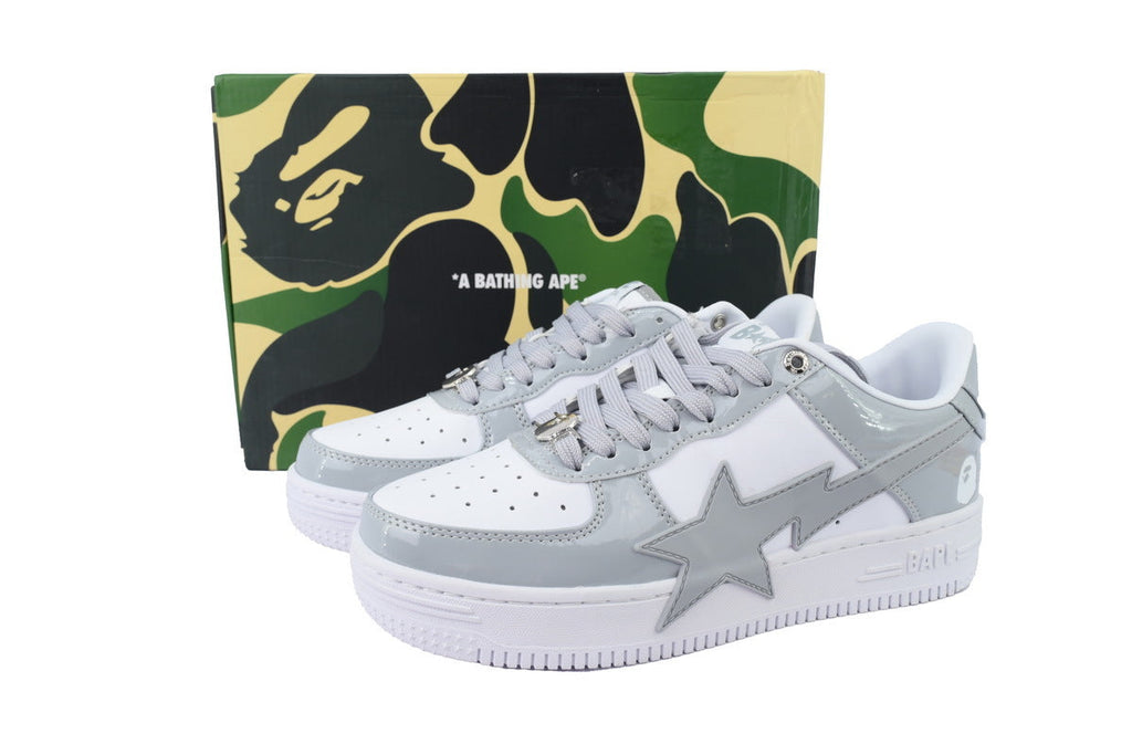 A BATHING APE BAPE STA Glossy Light Grey & White Oversized-Star Sneakers | Women's & Men's Skate-Inspired Shoes
