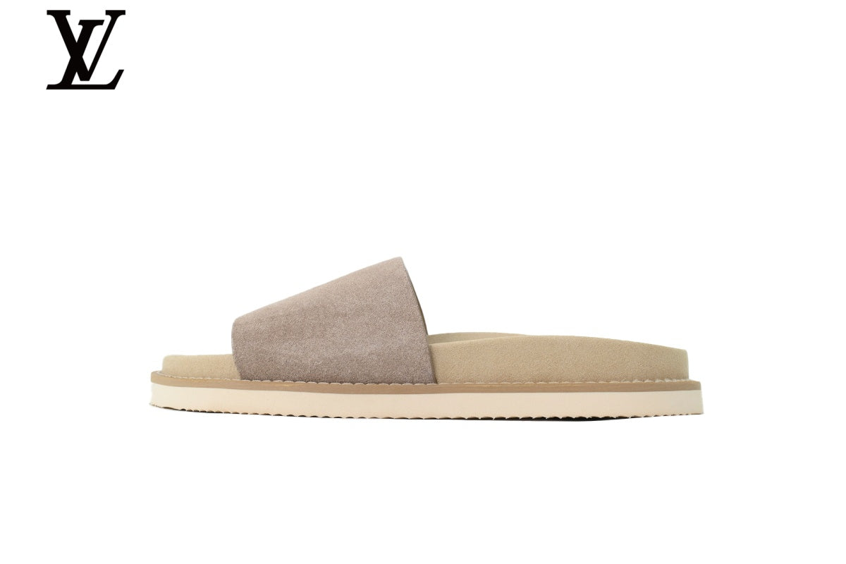 Louis Vuitton Single Strap Slide Sandal – Light Taupe Suede Leather & Beige Footbed