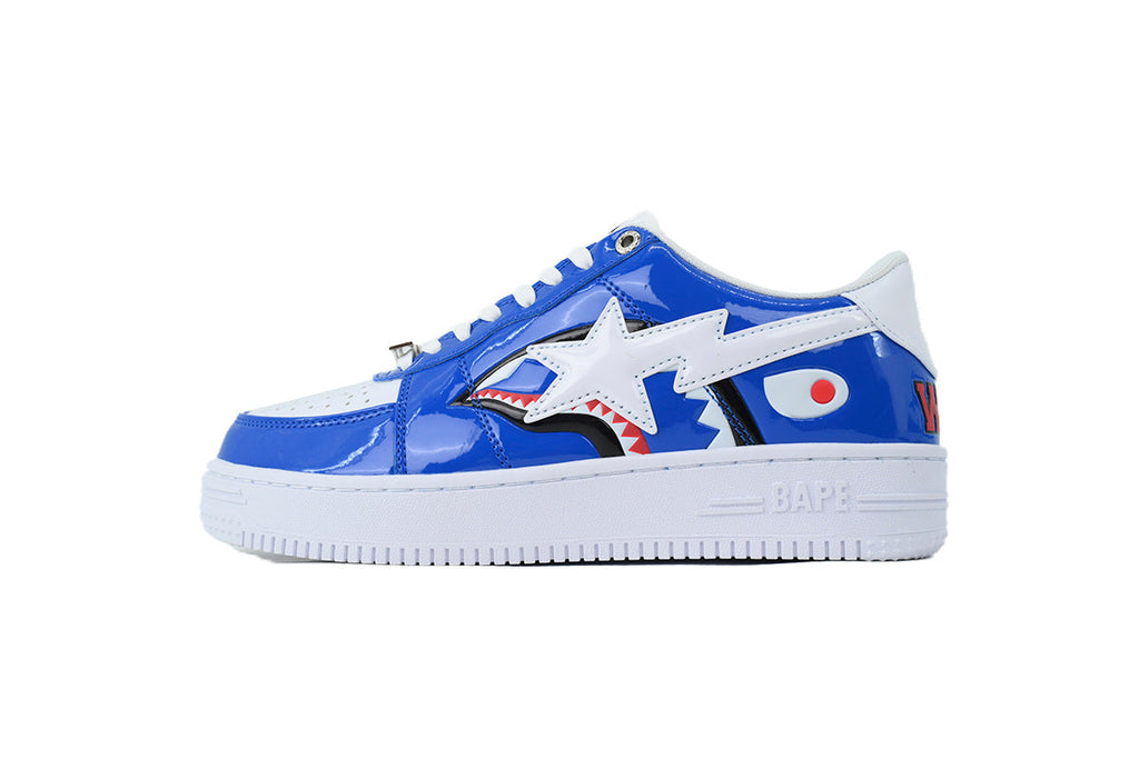 A BATHING APE BAPE STA Glossy Royal Blue & White Shark Sneakers | Women's & Men's Skate-Inspired Shoes