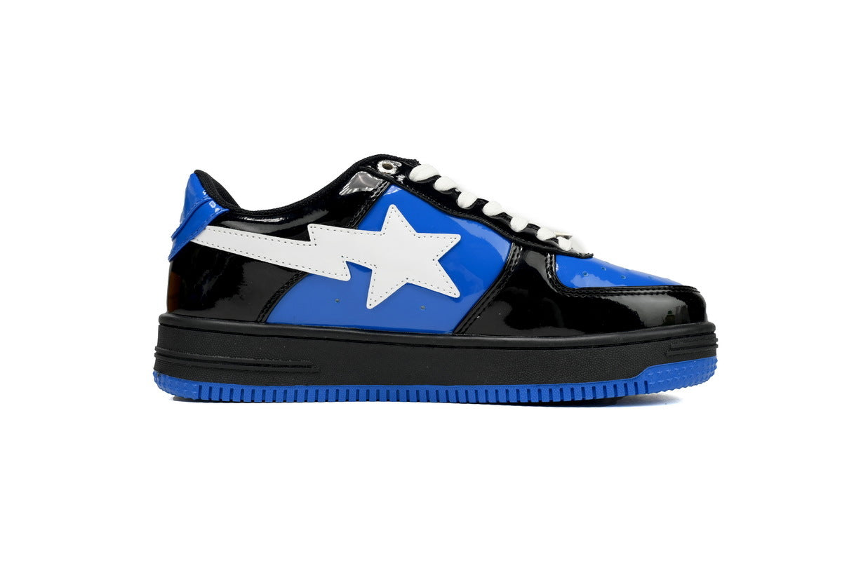 A BATHING APE BAPE STA Glossy Black & Royal Blue Graphic Sneakers | Women's & Men's Skate-Inspired Shoes
