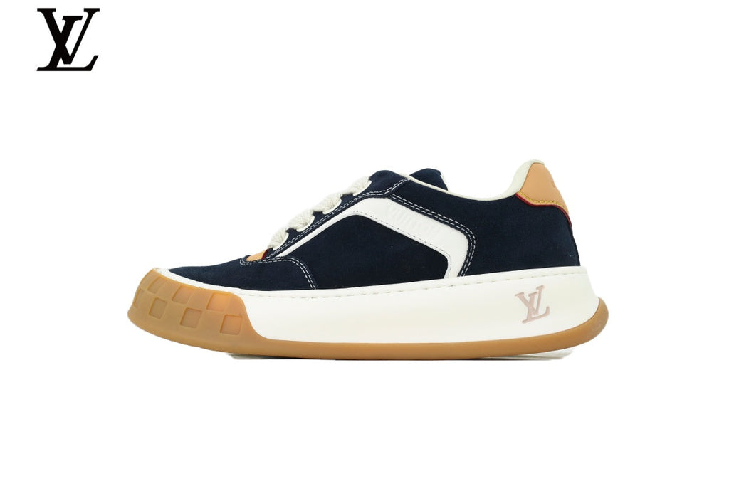 Louis Vuitton Low Top Sneaker in Navy Suede with White Leather Trim and Gum Sole