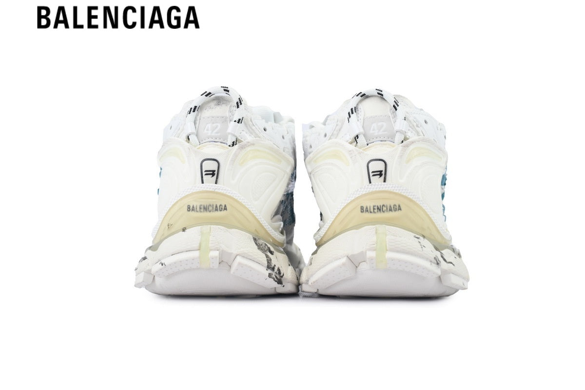 Balenciaga Runner men's shoes  women sneakers — White Mesh & Blue Graffiti Print