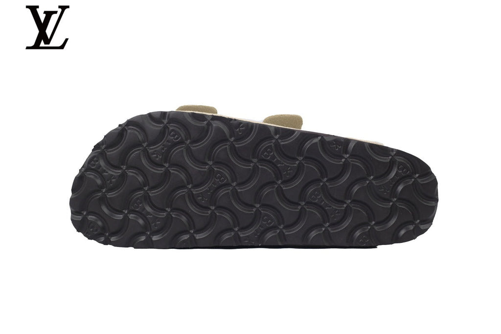 louis vuitton shoes for man  women Birkenstock Slide Sandal in Off-White Suede with Double Buckle and Cork Footbed