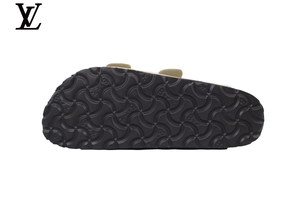 louis vuitton shoes for man  women Birkenstock Slide Sandal in Off-White Suede with Double Buckle and Cork Footbed