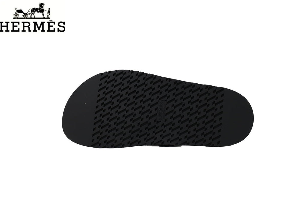 Hermès Black Leather Flip-Flop Slide with Metal Buckle