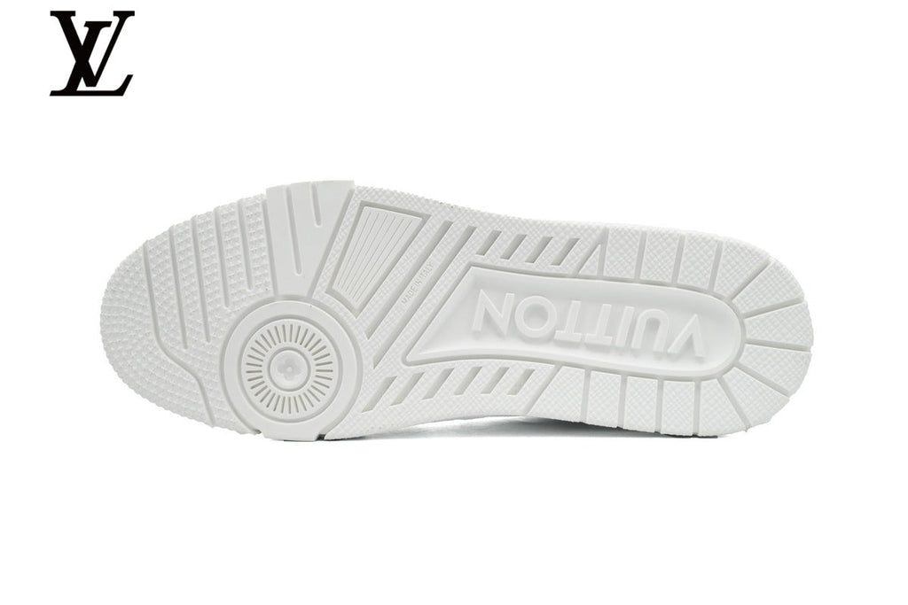 Louis Vuitton Low Top Trainer – White Monogram Embossed Leather & Gold Signature