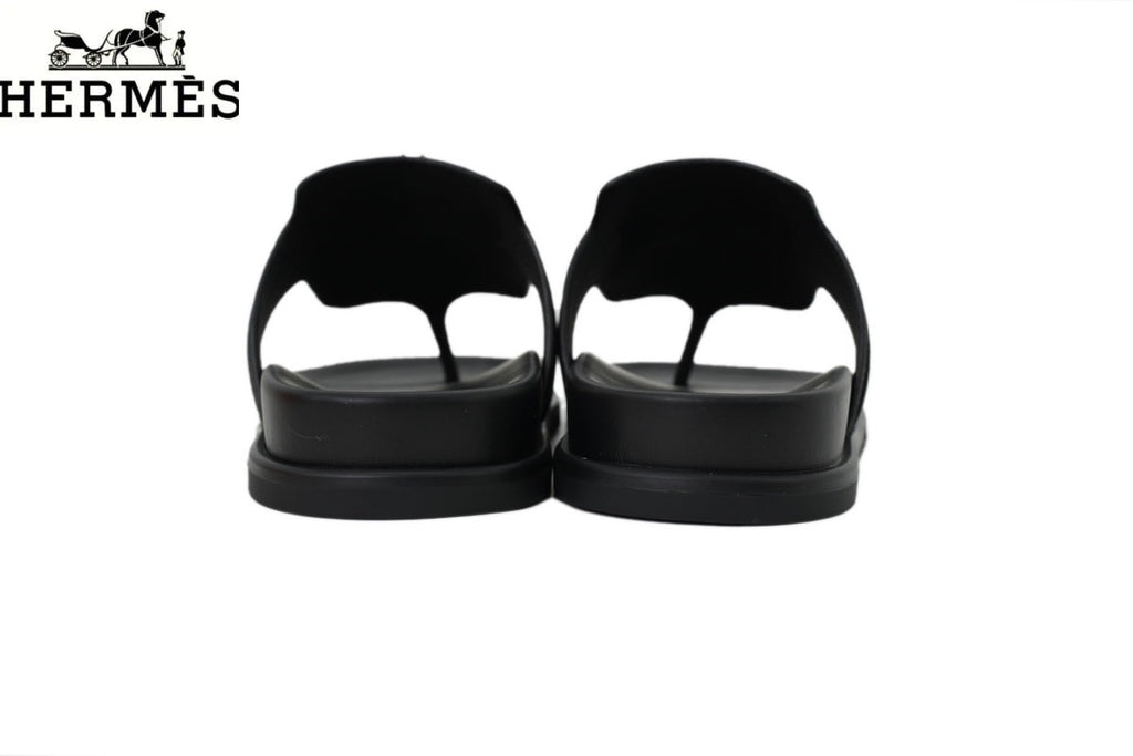 Hermès Black Leather Flip-Flop Slide with Metal Buckle