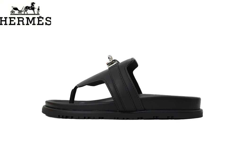 Hermès Black Leather Flip-Flop Slide with Metal Buckle