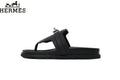 Hermès Black Leather Flip-Flop Slide with Metal Buckle