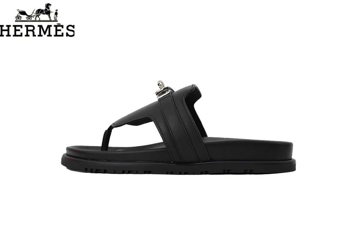 Hermès Black Leather Flip-Flop Slide with Metal Buckle