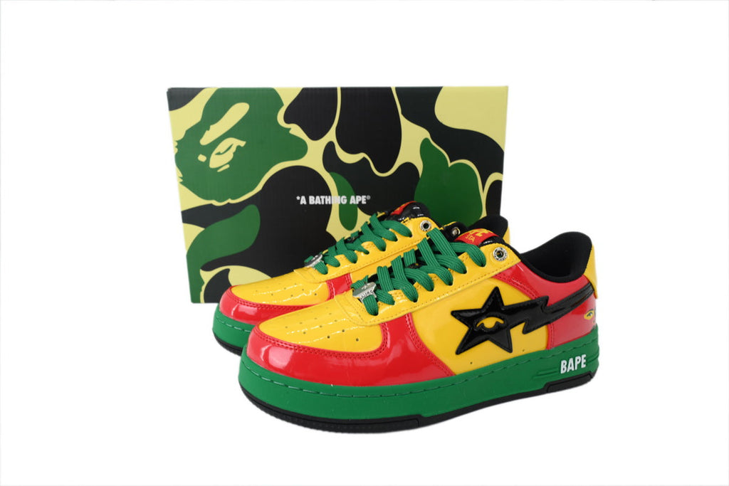 A BATHING APE BAPE STA Glossy Red, Yellow & Green Eye-Graphic Sneakers | Women's & Men's Skate-Inspired Shoes