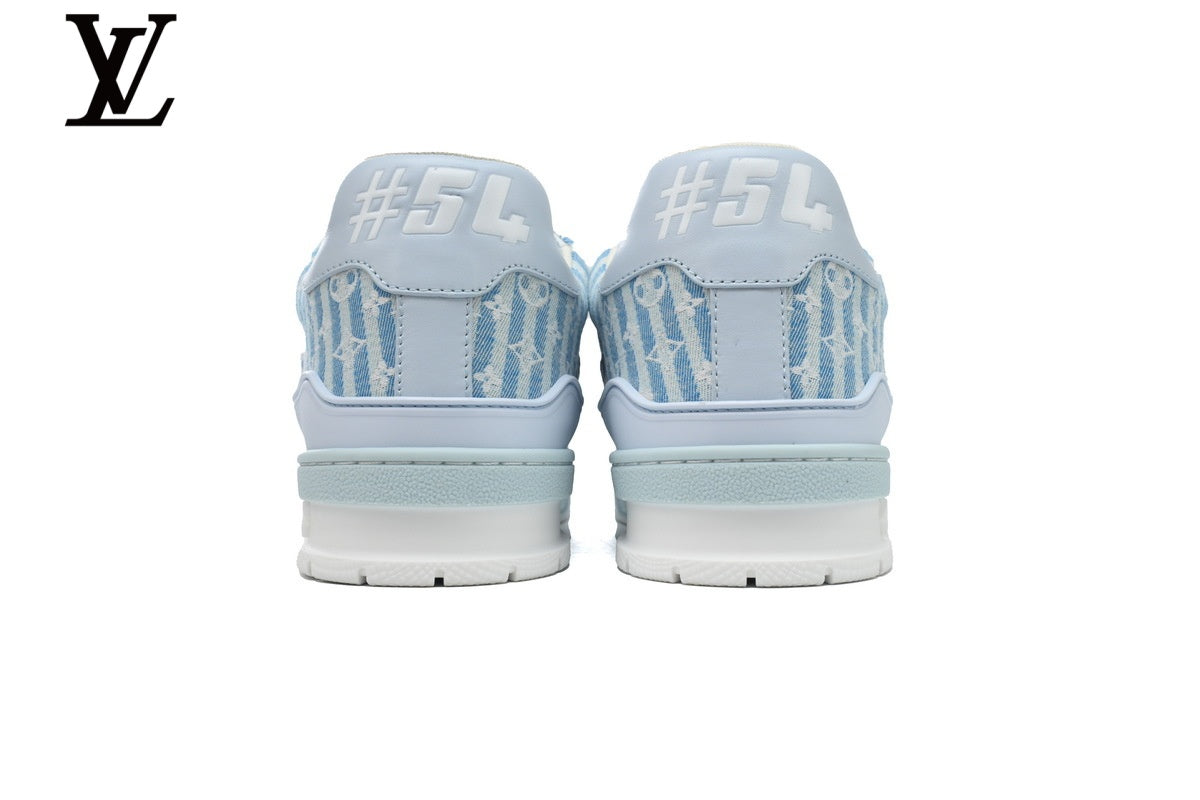 Louis Vuitton Trainer  shoes for man  women Sneaker – Striped Monogram Denim in Light Blue