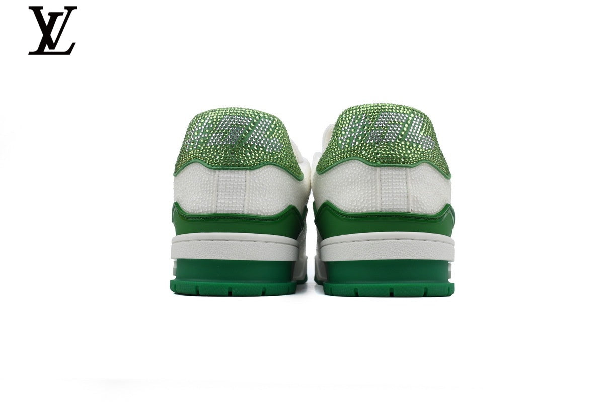 Louis Vuitton LV shoes for man  women Trainer Sneaker – White & Emerald Rhinestone