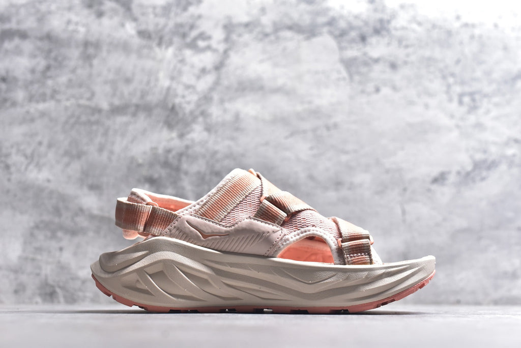 HOKA Recovery Women's Men's Shoes | Coral Pink & Light Gray Buckle Strap Sandals