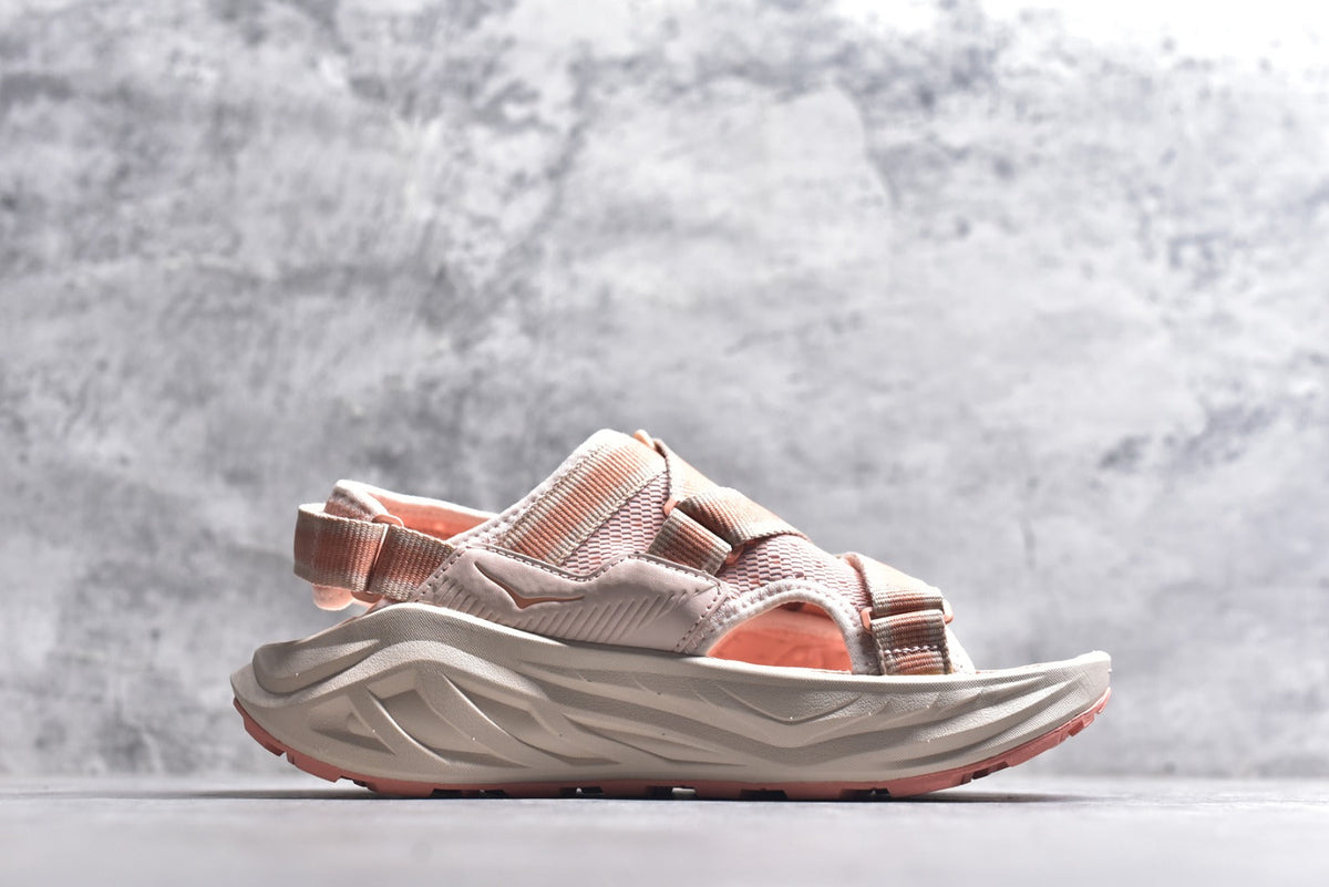 HOKA Recovery Women's Men's Shoes | Coral Pink & Light Gray Buckle Strap Sandals